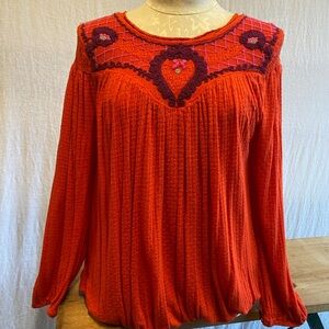 Free People Red Long Sleeve Pleated Embellished Blouse